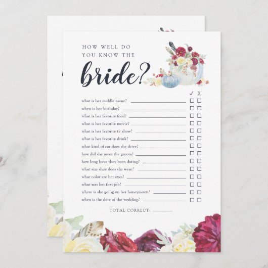 Autumn Pumpkin Zwei-Side-Brautparty-Game-Karte Einladung (Vorne/Hinten)