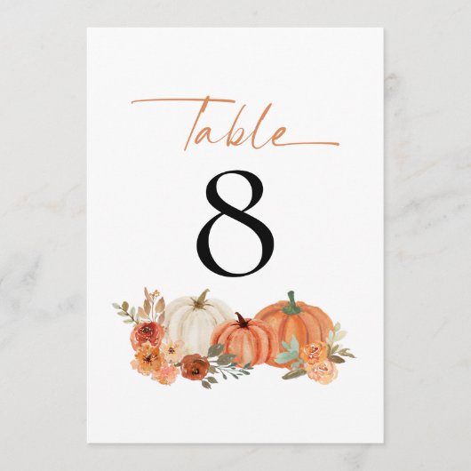 Autumn Pumpkins Florals Wedding Tischnummer (Vorderseite)