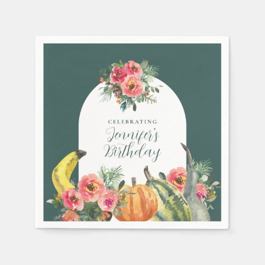 Autumn Pumpkins Pink Floral Birthday Party Serviette (Vorderseite)