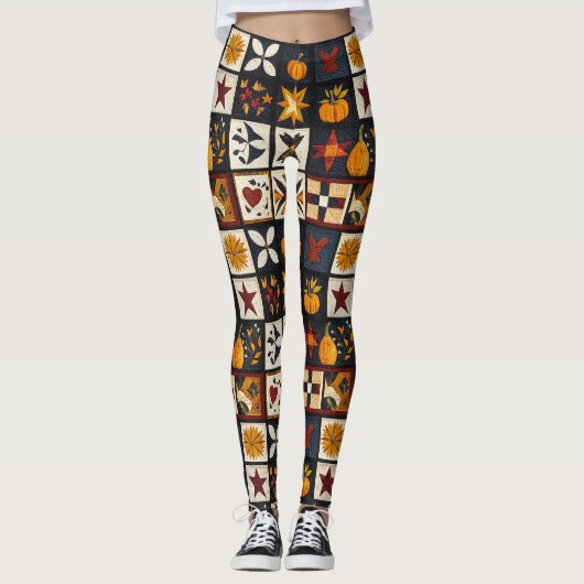 Autumn Quilt Blockmuster | Rustikale Ernte Leggings (Vorderseite)
