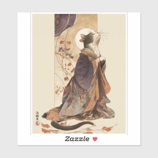 "Autumn Reverie" Japanese Cat in Kimono Art Aufkleber (Blatt)