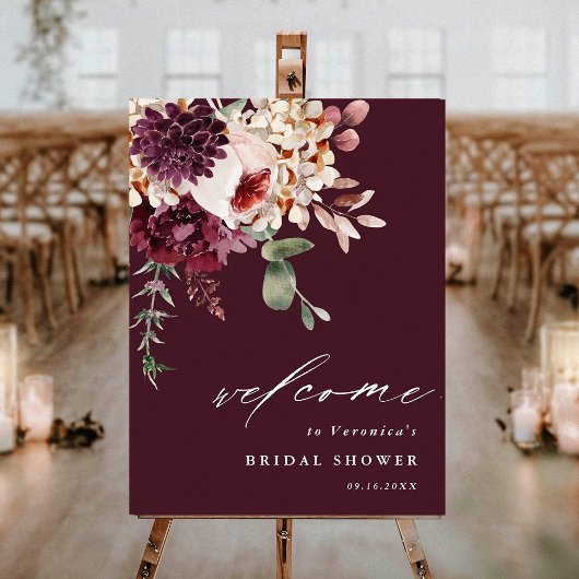 Autumn Romance Burgundy Bridal Shower Welcome Sign Poster