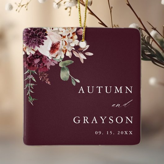 Autumn Romance Elegant Burgundy Wedding Photo      Keramikornament