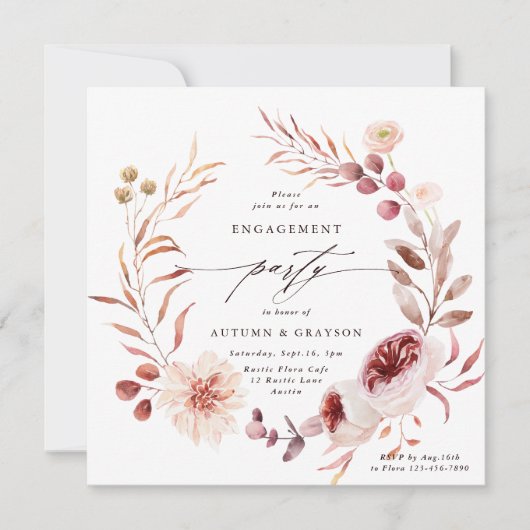 Autumn Romance Floral Wreath Engagement Party Einladung (Vorderseite)