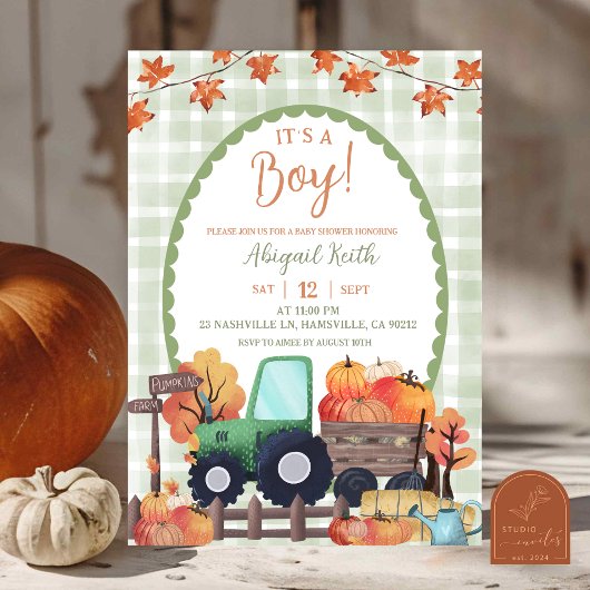 Autumn Sage Green Pumpkin Traktor Boy Baby Dusche Einladung