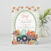 Autumn Sage Green Pumpkin Traktor Boy Baby Dusche Einladung (Stehend Vorderseite)