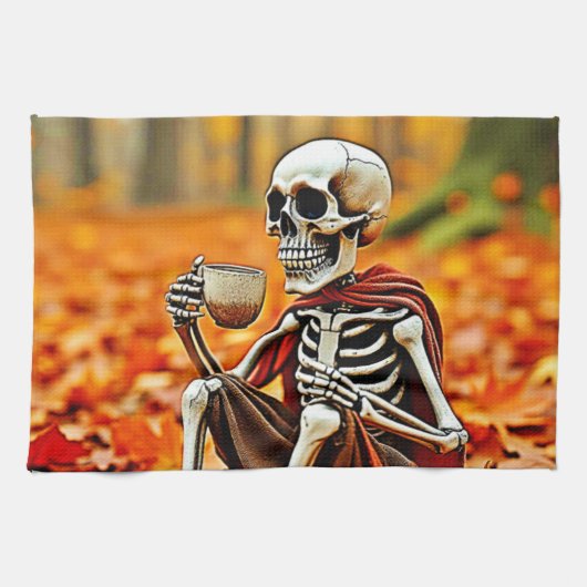 Autumn Skeleton Coffee Break Design Geschirrtuch (Horizontal)