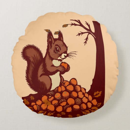 🐿️ Autumn Squirrel Round Pillow - Peach Rundes Kissen (Vorderseite)