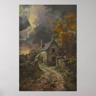 Autumn Stone Cottage Art, Rustic Cottagecore Decor Poster