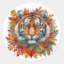 Autumn Tiger Face Among Fall Leaves Runder Aufkleber