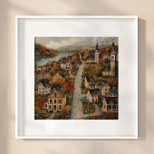Autumn Town Folk Art Oil Painting Poster
