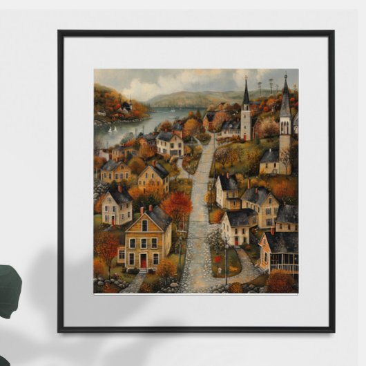 Autumn Town Folk Art Oil Painting Poster