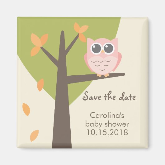Autumn Tree Pink Owl Babydusche Save the Date Magnet (Vorne)