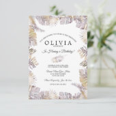 Autumn Tropic Leaf Watercolor Birthday Mauve Gold Einladung (Stehend Vorderseite)