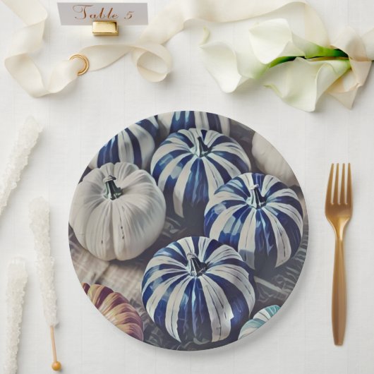 Autumn Watercolor Blue and White Pumpkin Design Pappteller (Hochzeit)