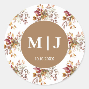 autumn watercolor botanical monogram wedding runder aufkleber