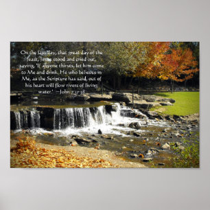Autumn Waterfall Szene John 7:37 Bible Verse Poster