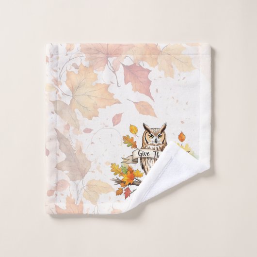 Autumn Whimsy – Thanksgiving Owl with Fall Leaves Badhandtuch Set (Waschlappen)
