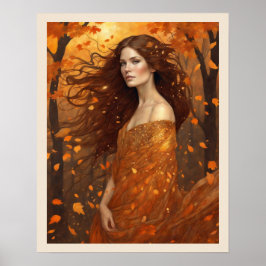 Autumn Wind Woman in Woods Art Nuevo Print Poster