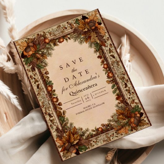 Autumn Woodland Botanical Quinceañera Save The Date