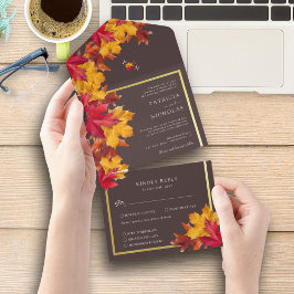 Autumn Woody Brown & Elegant Golden Frame Wedding All In One Einladung