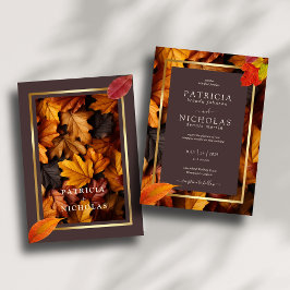 Autumn Woody Brown & Elegant Golden Frame Wedding Einladung