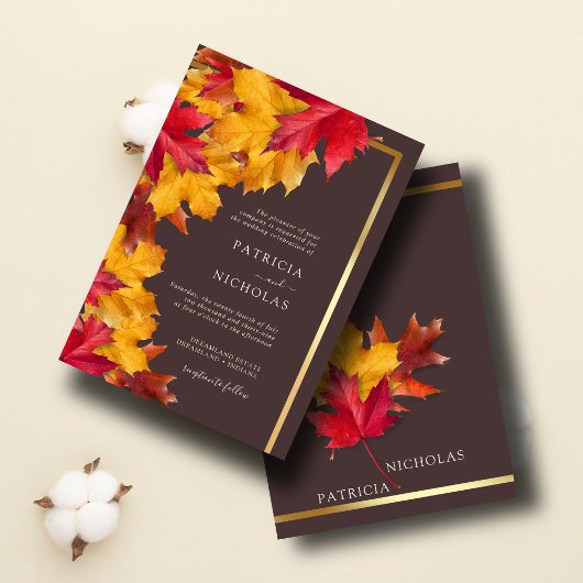 Autumn Woody Brown & Elegant Golden Frame Wedding Einladung