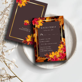 Autumn Woody Brown & Elegant Golden Frame Wedding RSVP Karte