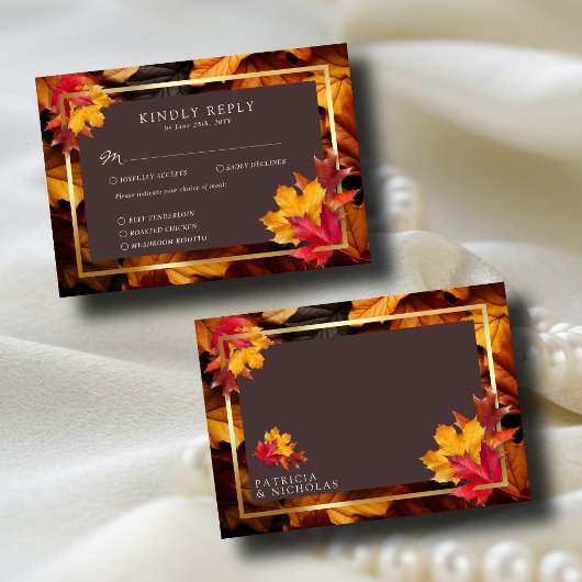Autumn Woody Brown & Elegant Golden Frame Wedding RSVP Karte