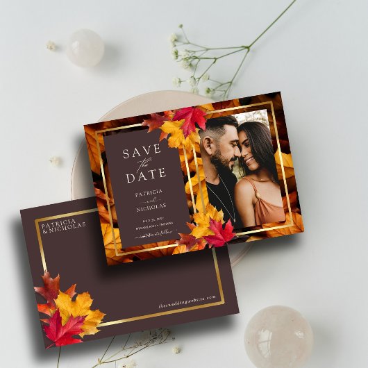 Autumn Woody Brown & Elegant Golden Frame Wedding Save The Date