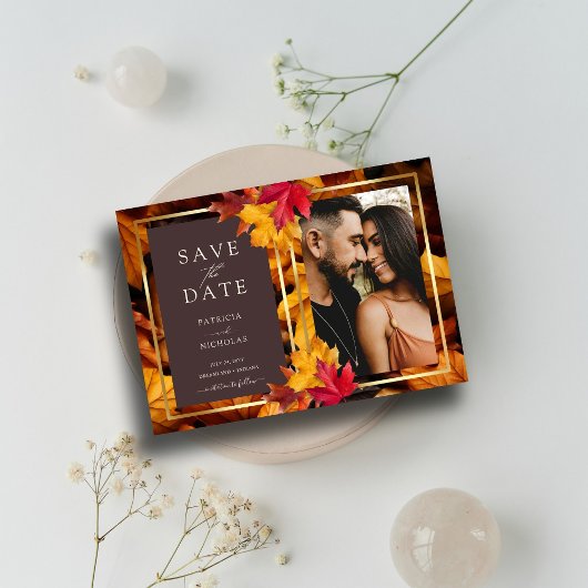 Autumn Woody Brown & Elegant Golden Frame Wedding Save The Date