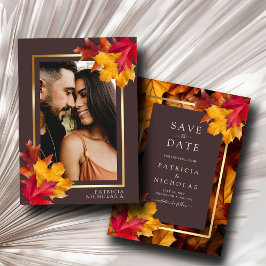 Autumn Woody Brown & Elegant Golden Frame Wedding Save The Date