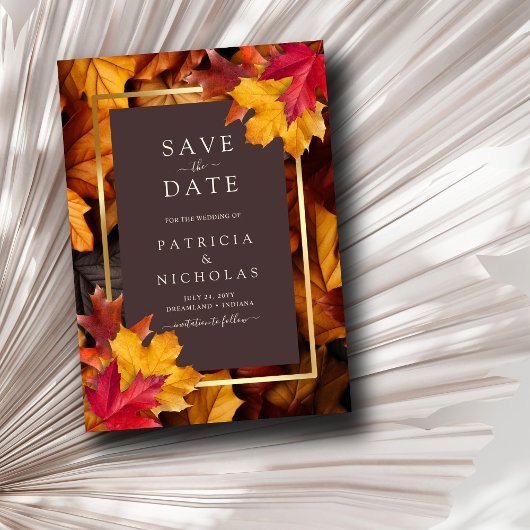 Autumn Woody Brown & Elegant Golden Frame Wedding Save The Date
