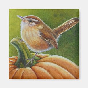 Autumn Wren Bird auf der Orange Pumpkin Watercolor Magnet