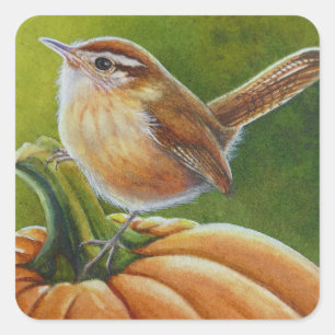 Autumn Wren Bird auf der Orange Pumpkin Watercolor Quadratischer Aufkleber