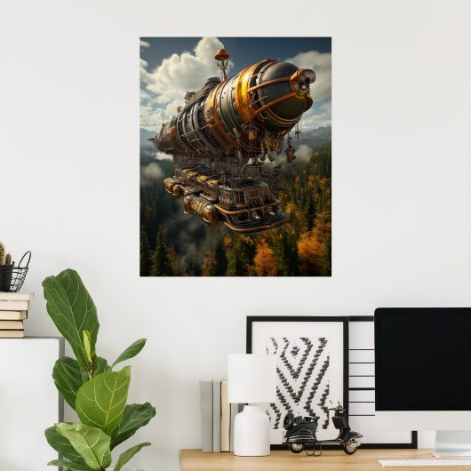 Autumnal Adventure Steampunk Zeppelin über Wald Poster (Heimbüro)