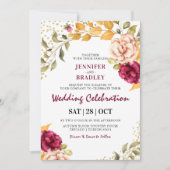 Autumnal Burgandy Floral & Gold Glitzer Hochzeit Einladung (Vorderseite)