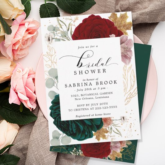 Autumnal Burgundy Emerald Greeny Brautparty Einladung