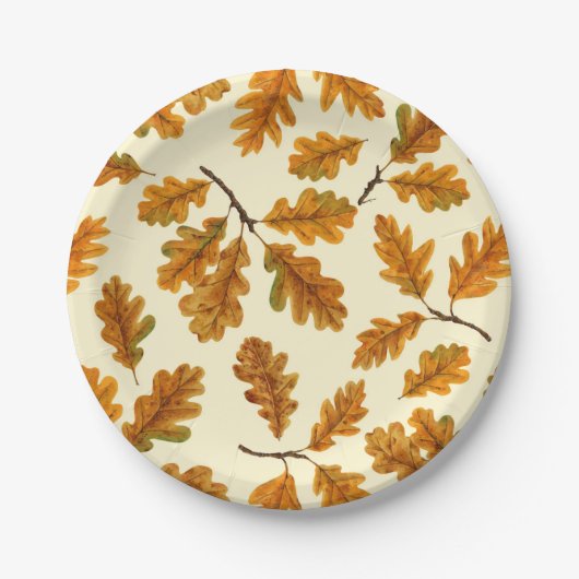 Autumnal-Eicheneiche-Blätter auf weiß Pappteller (Vorderseite)