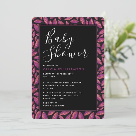 Autumnal Fall Lila Blätter Kinderdusche Einladung (Stehend Vorderseite)