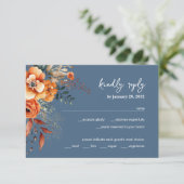 Autumnal Floral elegante Hochzeit staubblau RSVP Karte (Stehend Vorderseite)