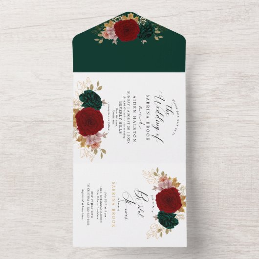 Autumnal Gold Burgundy Emerald Greeny Wedding All In One Einladung (Innen Boden)