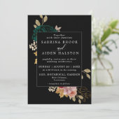 Autumnal Gold Burgundy Emerald Greeny Wedding Einladung (Stehend Vorderseite)