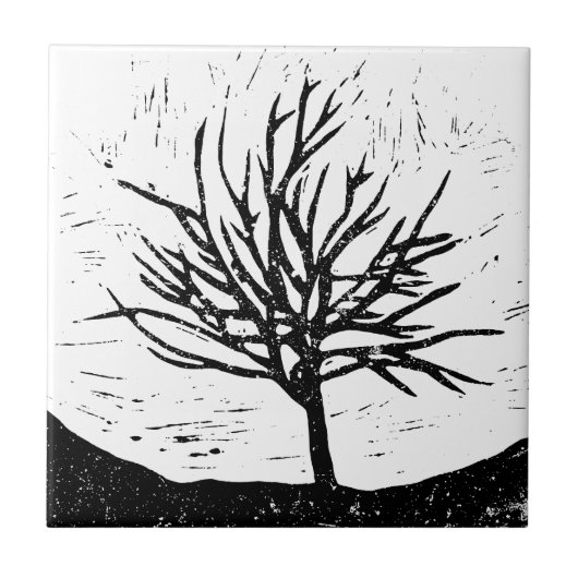 Autumnal Tree Lino Print Keramik Tile Fliese (Vorderseite)