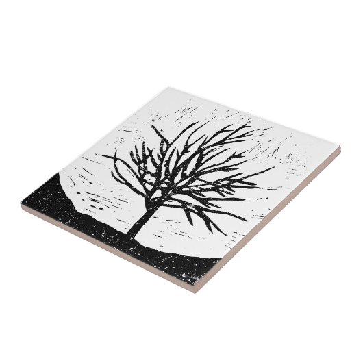 Autumnal Tree Lino Print Keramik Tile Fliese (Seite)