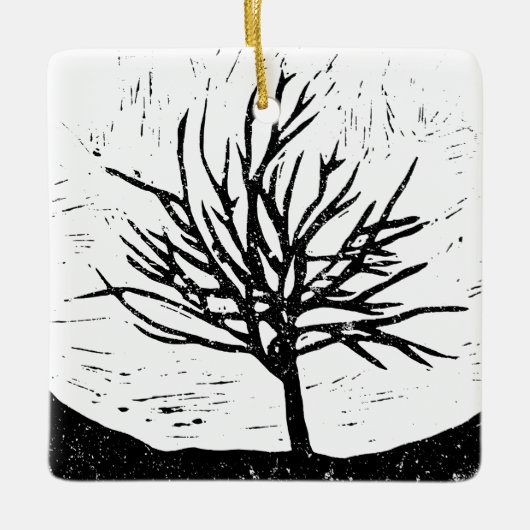 Autumnal Tree Lino Print Keramikornament (Vorderseite)