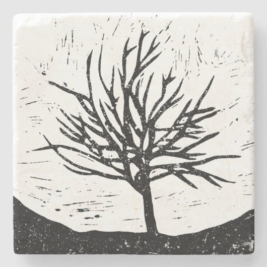 Autumnal Tree Lino Print Steinuntersetzer (Vorderseite)