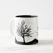 Autumnal Tree Lino Print Zweifarbige Tasse (Vorderseite Links)