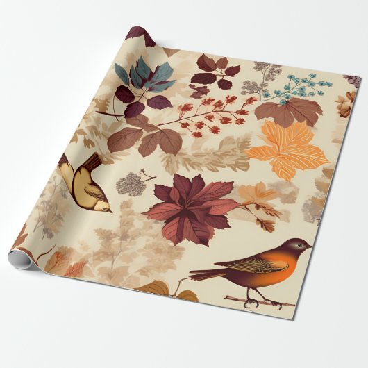 Autumnale Vögel und Blätter Geschenkpapier (Ungerollt)