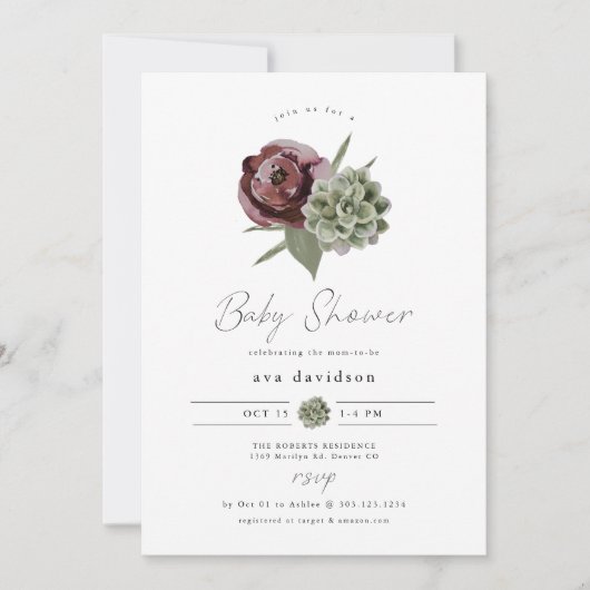 AVA Burgundy Blumendusche Wüstendusche Einladung (Vorderseite)